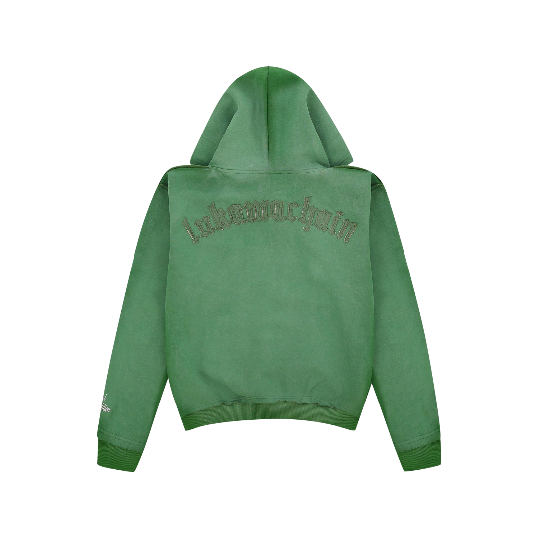 LUKAMACHAIN DISTRESSED ZIP GREEN HOODIE