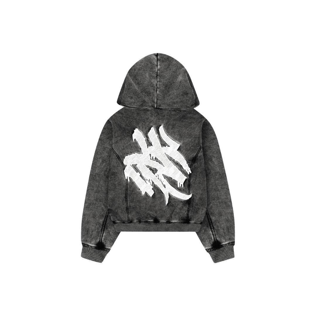 LUKAMACHAIN DISTRESSED ZIP HOODIE GHOST WITH LOGO