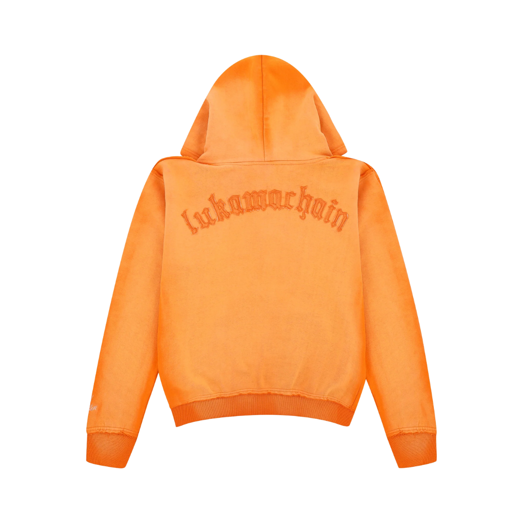 LUKAMACHAIN DISTRESSED ZIP ORANGE HOODIE