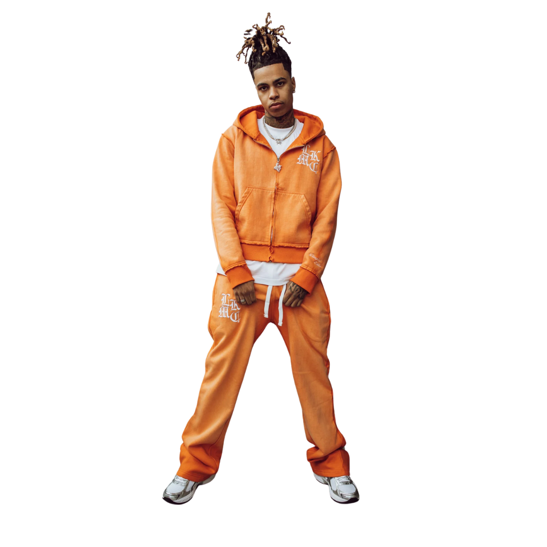 LUKAMACHAIN DISTRESSED ZIP ORANGE HOODIE