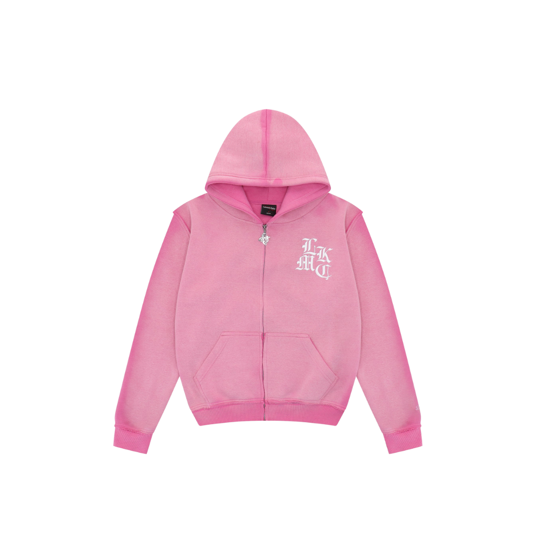 LUKAMACHAIN DISTRESSED ZIP PINK HOODIE