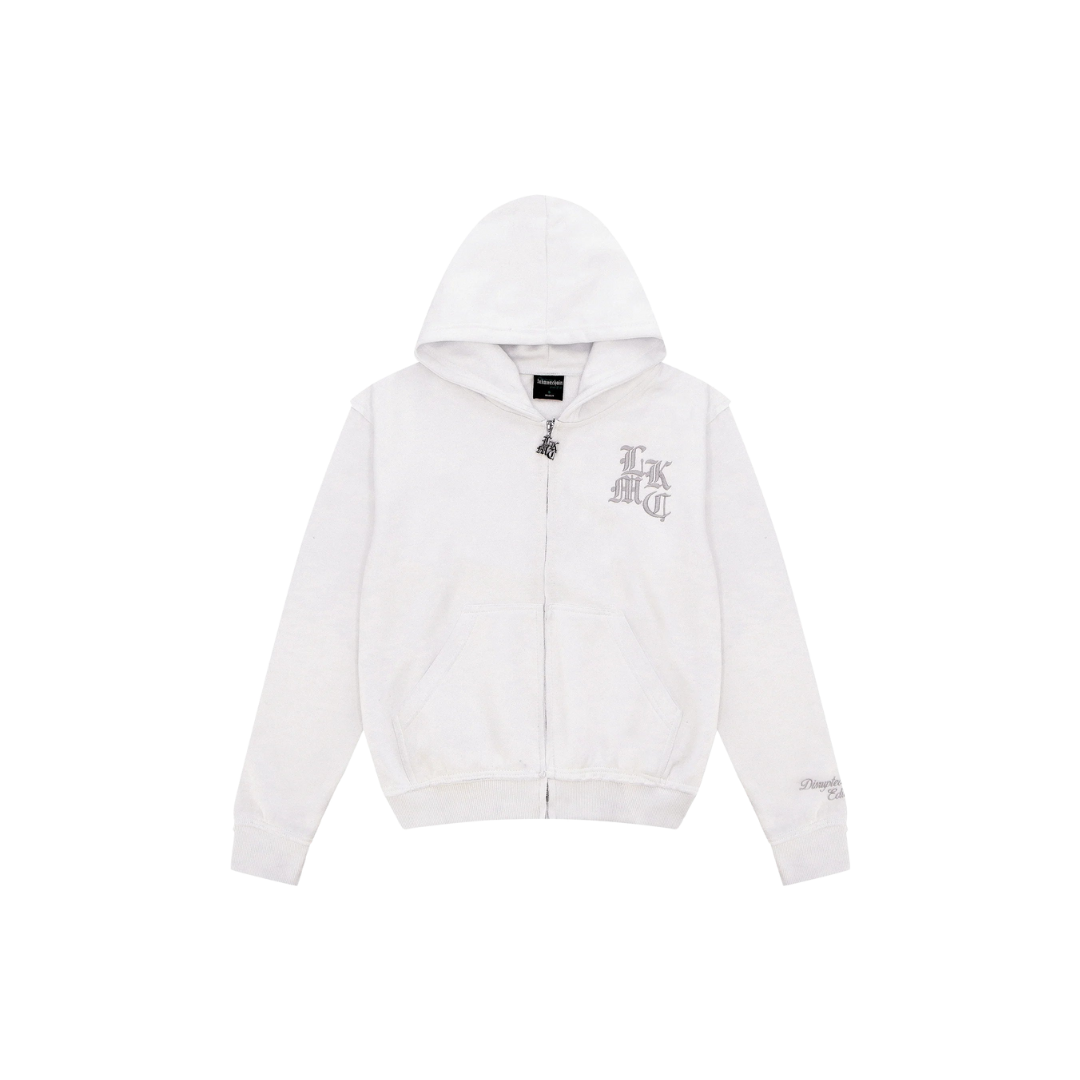 LUKAMACHAIN DISTRESSED ZIP WHITE HOODIE