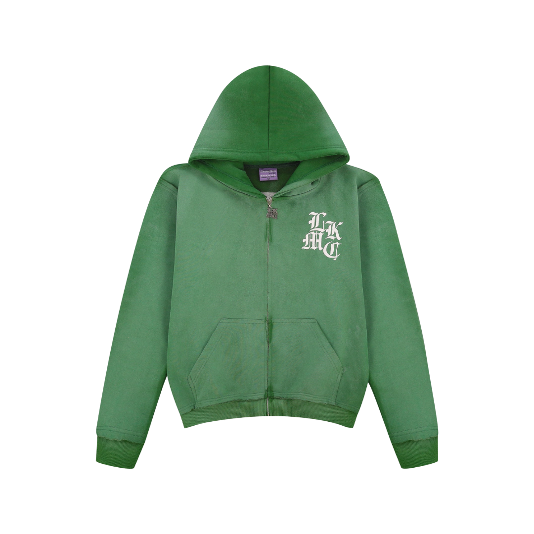 LUKAMACHAIN DISTRESSED ZIP GREEN HOODIE