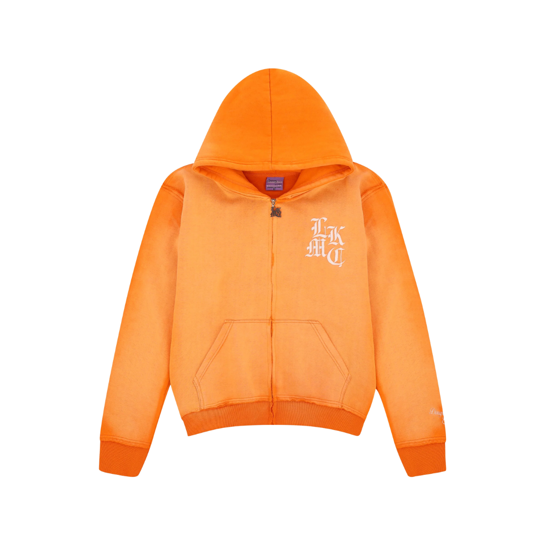 LUKAMACHAIN DISTRESSED ZIP ORANGE HOODIE