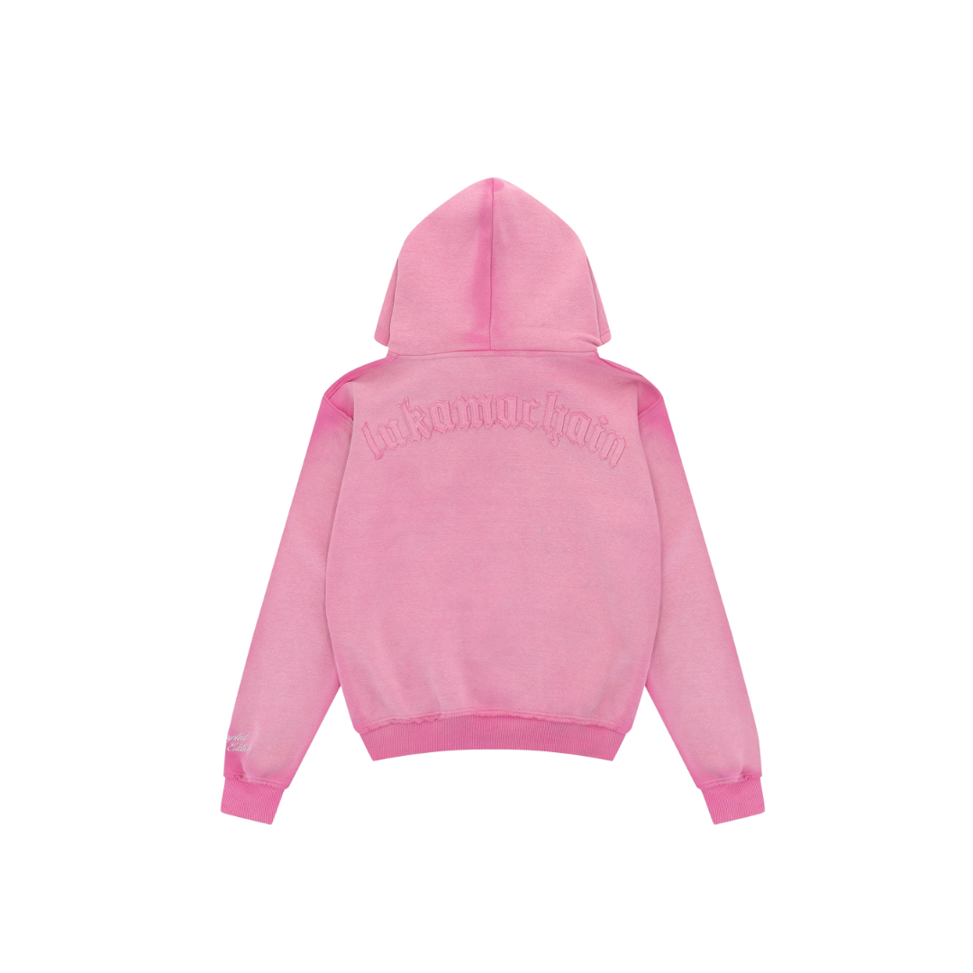 LUKAMACHAIN DISTRESSED ZIP PINK HOODIE