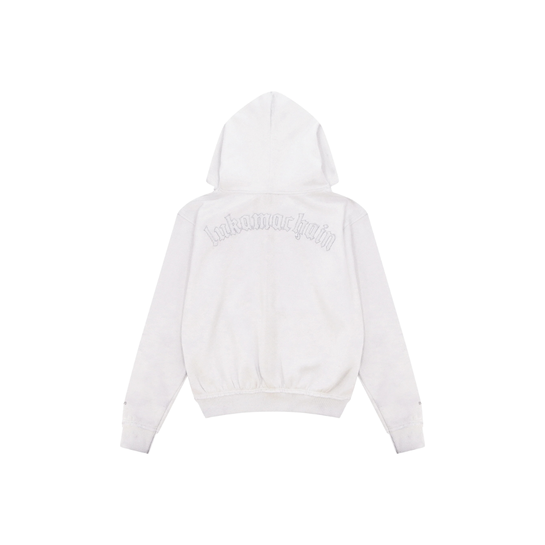 LUKAMACHAIN DISTRESSED ZIP WHITE HOODIE